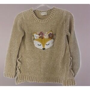 btween Fox Chenille Sweater Girls Size 10 Tan Metallic Sequin Floral Knit